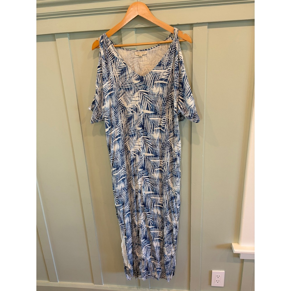 Lara Ethnics Blue White Palm Leaf Maxi Swim Cover Up L/XL Tropical Slit